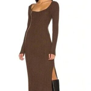 PAIGE Benita Ribbed Midi Dress wool blend chocolate brown sweater dress (small)